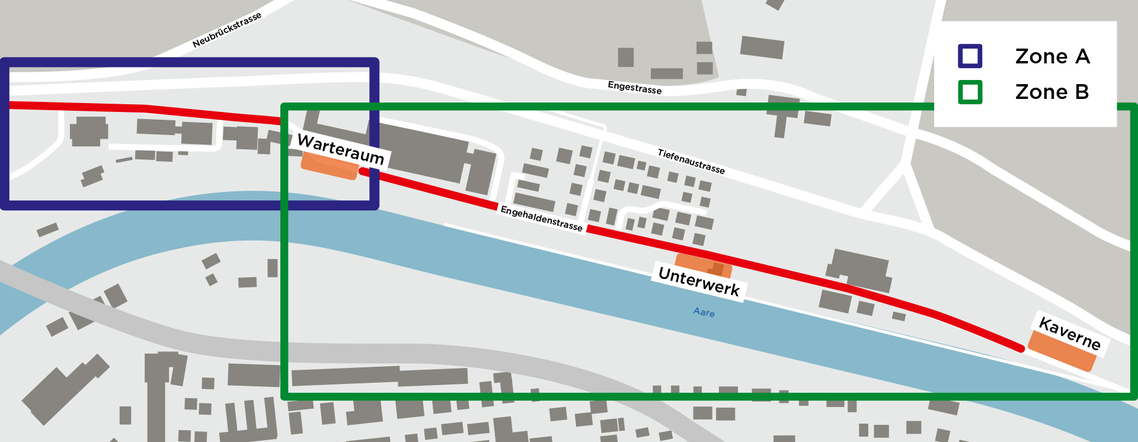 Lageplan mit eingezeichneter Sperrung Zone A und Zone B